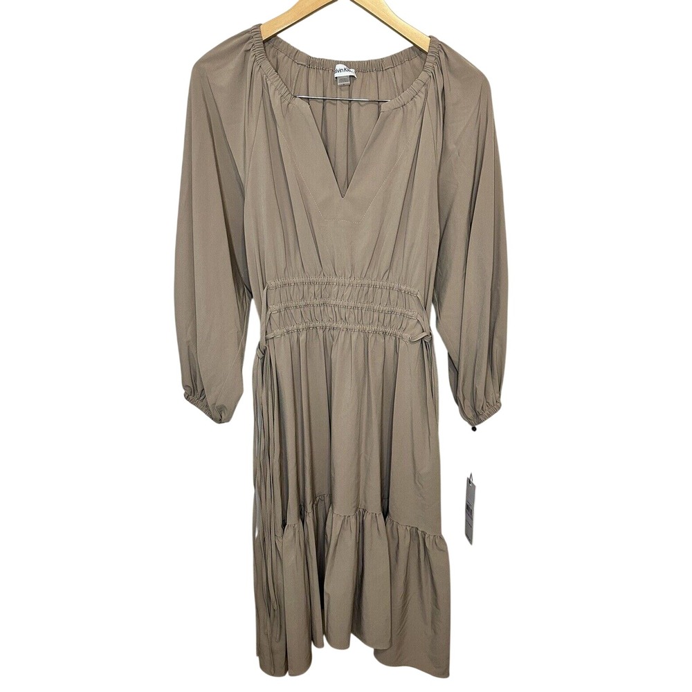 Calvin Klein V-Neck Smocked Waist Dress Womens 6 Mocha Brown Ruffle CD3Q1W2A